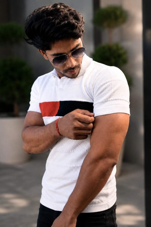 Popcorn Knit White & Red Half Sleeve Polo T-Shirt for Men – Modern Comfort Fit