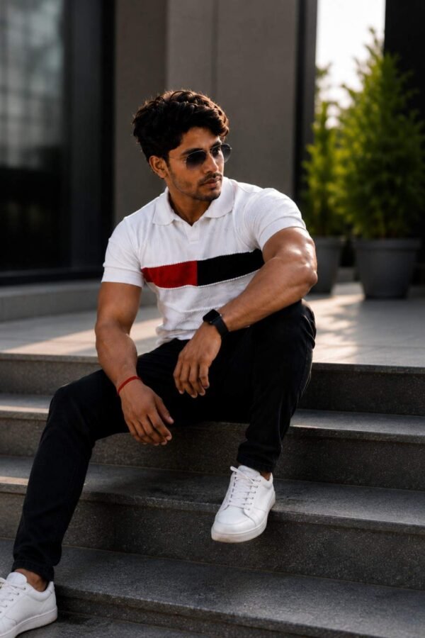 Popcorn Knit White & Red Half Sleeve Polo T-Shirt for Men – Modern Comfort Fit