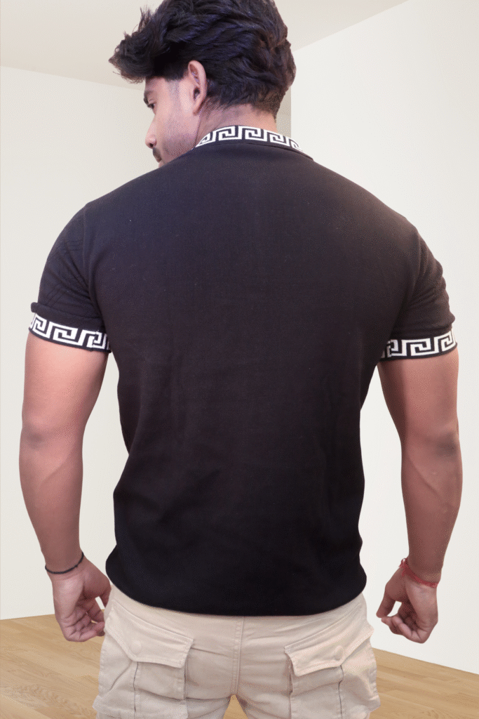 Classic Black Check Knit Men’s T-Shirt – Stylish, Breathable & Versatile