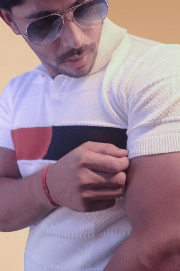 Men’s White & Red Popcorn Knit Polo Shirt – Breathable Half Sleeve Casual Wear