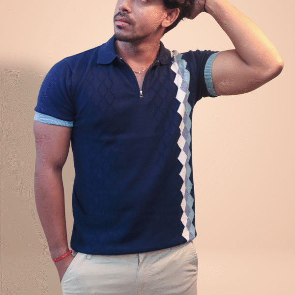 Navy Blue Diamond Textured Knit Polo – Stylish Half Sleeve Tee