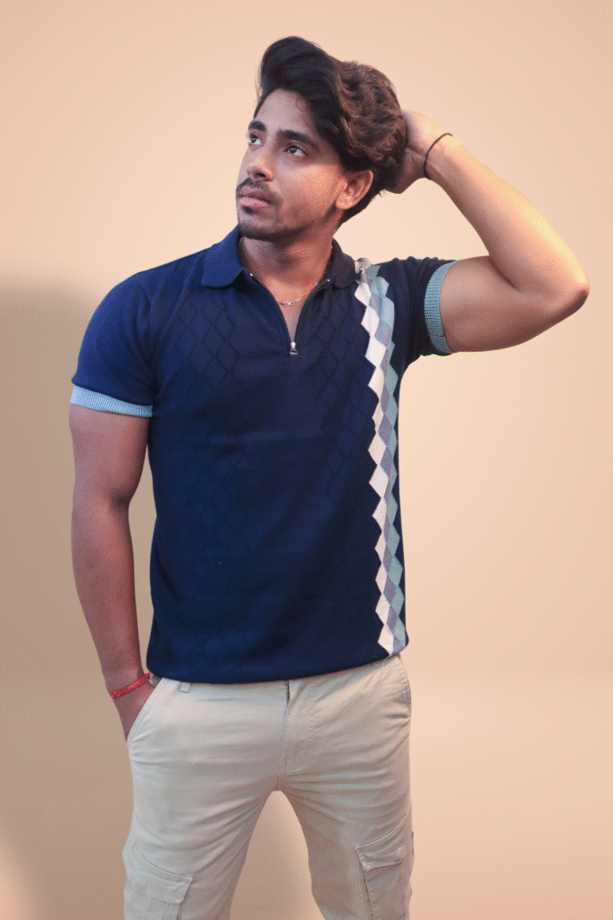 Navy Blue Diamond Textured Knit Polo – Stylish Half Sleeve Tee