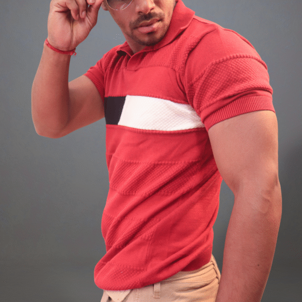 Popcorn Texture Red Knit T-Shirt for Men – Breathable, Stylish & Everyday Comfort