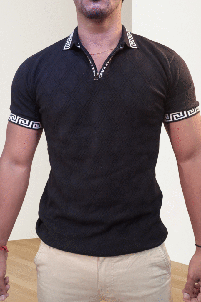 Premium Black Check Knit T-Shirt – Contemporary Design for Everyday Wear
