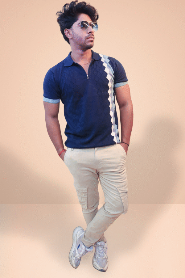 Premium Navy Blue Polo T-Shirt with Diamond Knit Texture Premium Navy Blue Polo T-Shirt with Diamond Knit Texture