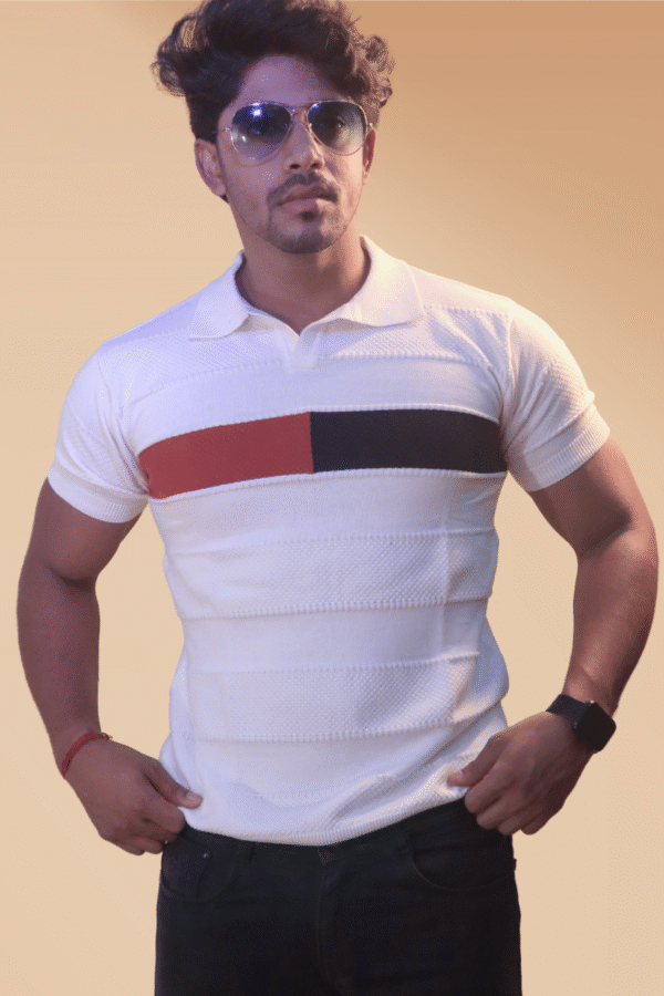 Premium Popcorn Knit Polo T-Shirt in White & Red – Stylish Half Sleeve Design Premium Popcorn Knit Polo T-Shirt in White & Red – Stylish Half Sleeve Design