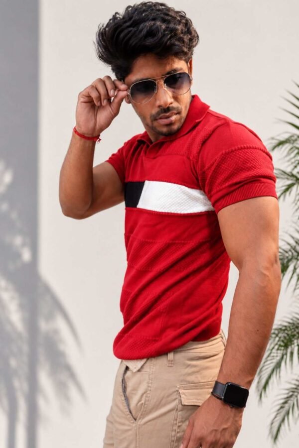 Popcorn Knit Red Men’s T-Shirt – Contemporary Style with Rich Texture Finish
