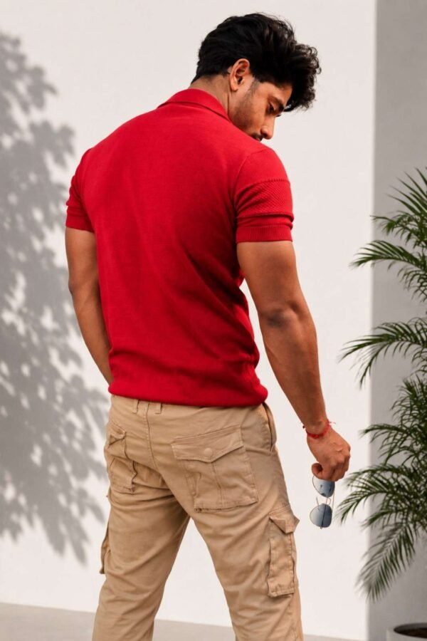 Popcorn Knit Red Men’s T-Shirt – Contemporary Style with Rich Texture Finish