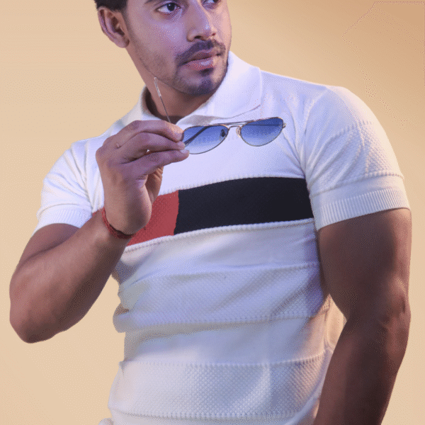 White & Red Popcorn Knit Polo T-Shirt for Men – Soft Fabric, Modern Fit