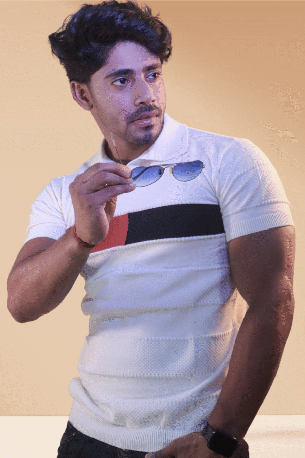 White & Red Popcorn Knit Polo T-Shirt for Men – Soft Fabric, Modern Fit White & Red Popcorn Knit Polo T-Shirt for Men – Soft Fabric, Modern Fit