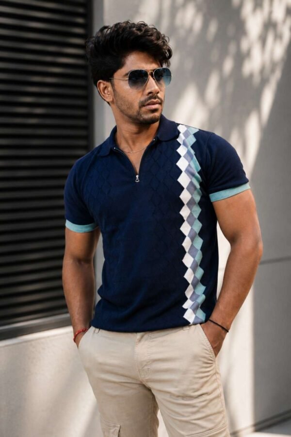 Diamond Textured Navy Blue Polo Knit T-Shirt – Premium Men’s Wear