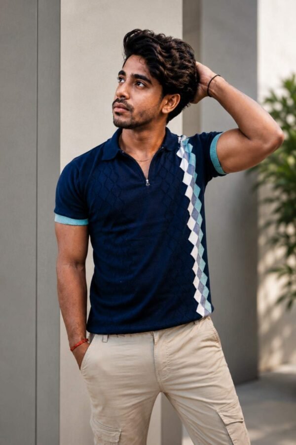 Classic Navy Blue Diamond Knit Polo T-Shirt – Elegant & Breathable