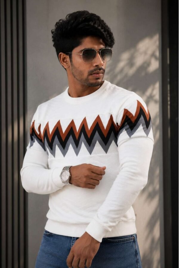 Premium White Full Sleeve Knit T-Shirt with Triangle Texture By Amteez