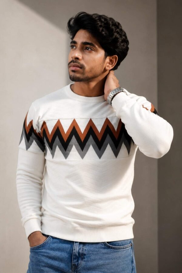 Premium White Full Sleeve T-Shirt with Triangle Knit Texture By Amteez