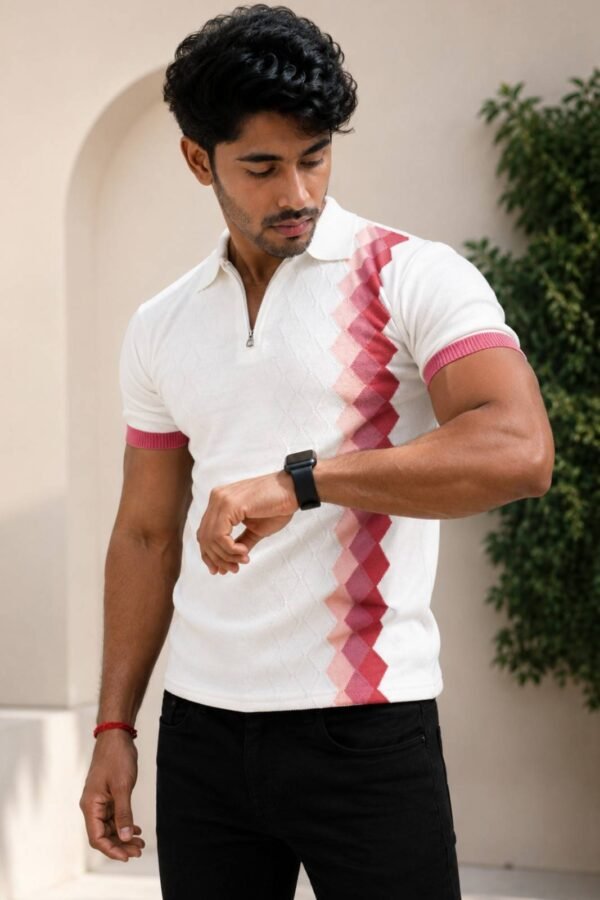 Amteez Men's Premium Textured Zip Polo Knitting T-Shirt - Signature Diamond Stripe Edition